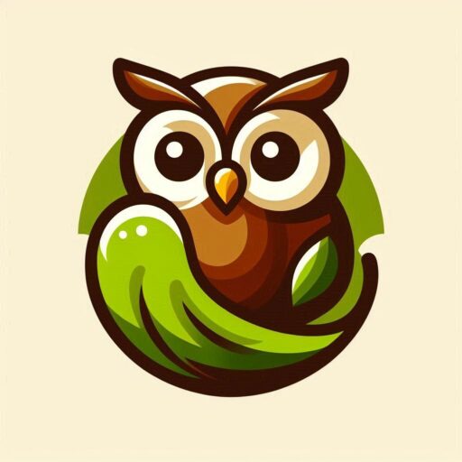 L'image représente une chouette stylisée dans un design graphique simplifié et coloré. La chouette est assise sur une branche verte qui l'entoure en partie. Ses grands yeux ronds lui donnent une expression adorable et curieuse, tandis que les couleurs marron, vert et crème ajoutent une touche naturelle et harmonieuse à l'illustration. Le fond est d'un beige clair, mettant en valeur la chouette et la branche. C'est un design à la fois moderne et ludique, qui évoque la sagesse et la nature.